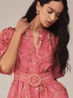 NWT Farm Rio x Anthropologie Beaded Belt Puff Sleeve Pink Mini Dress Sz SP thumbnail 3