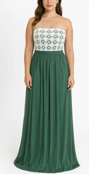 Lela Rose Daisy Lace Strapless Chiffon Maxi Dress Green White Size 8 thumbnail 1