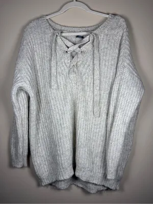 Aerie • Lace Up Oversized Knit Sweater Wool & Alpaca Blend Oatmeal Sz XL thumbnail 4