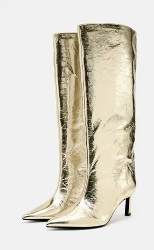 Zara Metallic Gold Over-the-Knee Pointed Stiletto Boots thumbnail 1