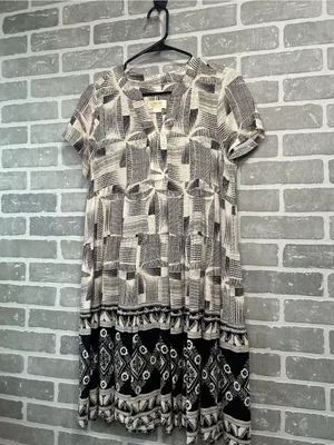 Maeve Anthropologie Abstract Print Tiered Dress Small Black Cream Shift‎ thumbnail 3