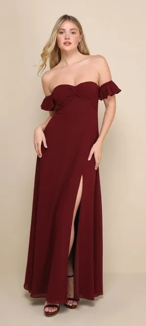 Lulu’s Absolute Romance Burgundy Off-the-Shoulder Maxi Dress Bridesmaid Formal thumbnail 1
