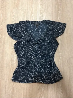 Banana Republic Navy Printed Ruffle Wrap Top thumbnail 2