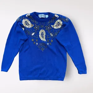 Western Connection Vintage Sequined‎ Sweater Womens Medium Blue Beaded thumbnail 1