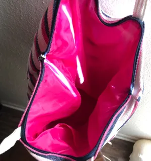 Striped tote bag with white, pink and blue stripes beach bag fully lined. thumbnail 4