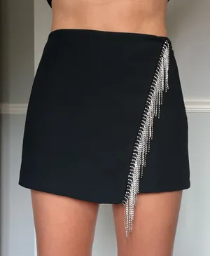 ZARA Women’s Black Rhinestone Fringe Embellished Skort XS High Rise thumbnail 1