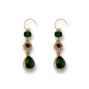 Elegant green crystal long dangle drop earrings for women thumbnail 1