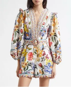 Farm Rio Greek Garden Long Sleeve Plunge Neck Cotton Romper XS thumbnail 1