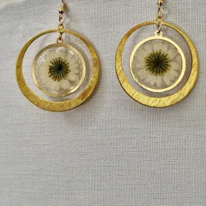 Real Pressed Daisy Resin Earrings in Gold Tone Circles thumbnail 2