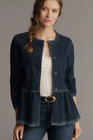 Pilcro Denim Jacket Womens Small Blue Excellent Peplum Collarless Raw Edge thumbnail 1