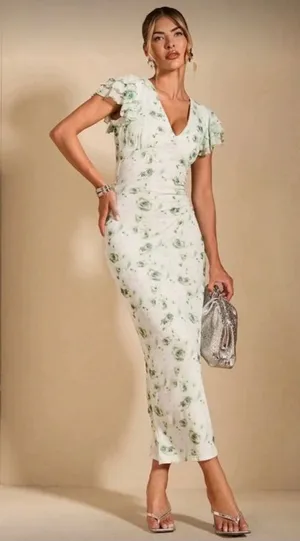 White Green Floral Maxi Dress Ruffle Sleeve Bodycon XS thumbnail 1