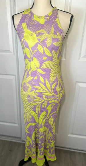 Farm Rio Anthropologie Maxi‎ Dress Tropical Smocked S Purple Lime Green Floral thumbnail 1