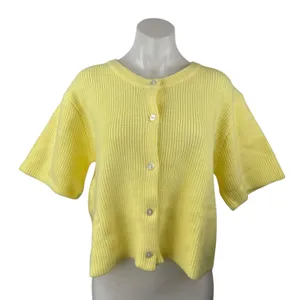 Women's Yellow Ribbed Knit Short Sleeve Button Down Blouse Shirt Top Size M thumbnail 1