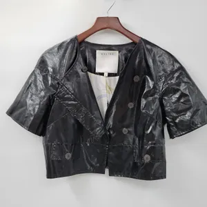 Walter Baker Shirt Womens 8 Black Faux Leather Buttons Asymmetrical Cropped thumbnail 12