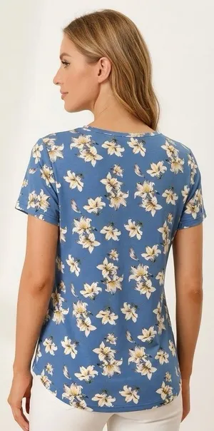 Liz & Lilli Women’s Blue Floral Print Round Neck Short Sleeve Shirt Size XL thumbnail 1