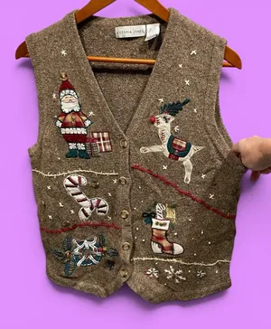 Cute vintage 90s teacher cardigan sweater vest holiday cottagecore christmas thumbnail 1