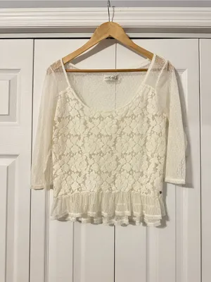 Abercrombie & Fitch Cream Lace Peplum Blouse, Large thumbnail 2