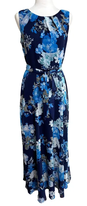 K Studio Collection Maxi Dress Blue Floral Sleeveless Chiffon Belted Wedding 6 thumbnail 1