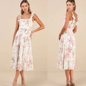 Lulus Shela Ivory Floral Jacquard Tiered Midi Dress‎ Ruffle Womens Medium NEW thumbnail 2