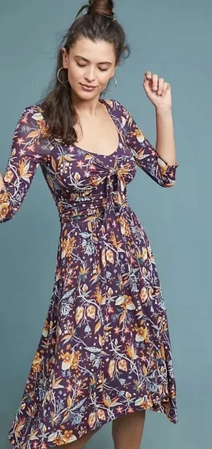 Maeve Anthropologie Empire Waist‎ Beloved Purple Floral Dress Midi Size XS Z thumbnail 1