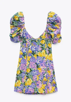 ZARA Floral Boho Summer Mini Dress Puff Sleeve thumbnail 4