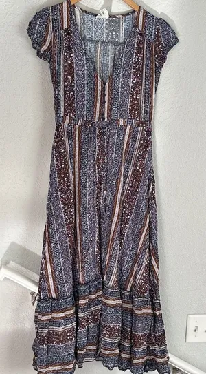 Jaase Midi Dress Button Up Purple Brown Fall Fairy Romantic Boho Prairie Peasant thumbnail 1