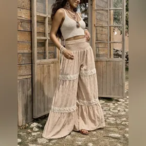 Boutique Boho Chic Crochet Lace Tiered Wide Leg Textured Palazzo Pants Coastal Cowgirl L thumbnail 2