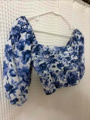 Abercrombie & Fitch Emerson Blue White Floral Crop Smocked Puff Sleeve Top Small thumbnail 7