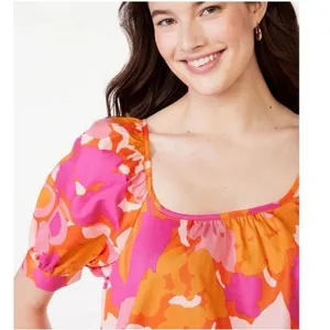 Free Assembly Floral Puff Sleeve Dress XL Pink Orange Open Tie Back With Pockets thumbnail 3