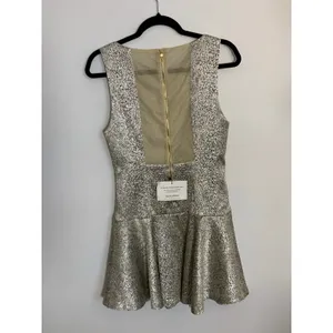 NWT Alice+ Olivia $440 Lora Drop Waist Skater Dress Size M‎ Silver Metallic thumbnail 4