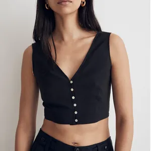 Madewell Softdrape Gwen Crop Vest Top Black Minimalist Smocked Capsule Size 12 thumbnail 1