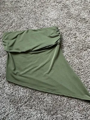 Olive Green Asymmetrical Strapless Women's Top thumbnail 2