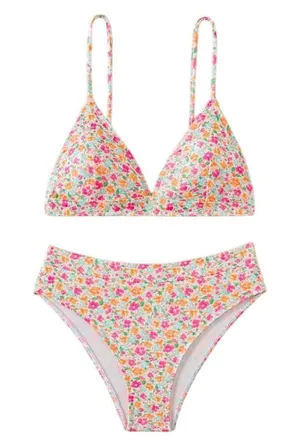 SheIn Ditsy Floral High Waisted Bikini Set in Pink, Size M thumbnail 1
