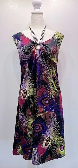 Peacock Feather Shift Dress with Embellished Neckline Sleeveless Size Medium thumbnail 1