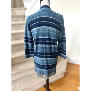 Ralph Lauren Navy & Light Blue Strip Fringe Western Long Line Cardigan thumbnail 4