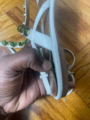 Tory Burch White T-Strap Sandals with Green Gemstones thumbnail 7