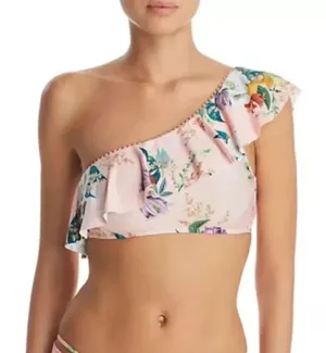 Seafolly Isabella Rose Floral One Shoulder Bikini Top Medium Pink Ruffle Pom Pom Trim NWT thumbnail 1