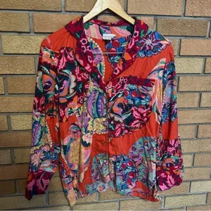 Anthropologie Alexandra Farmer Secret Garden Flannel Pajama Button Up Top Size S thumbnail 2