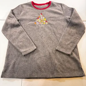 Womens Gray Fleece Long Sleeve Christmas Tree Holiday Embroidered pullover‎ L thumbnail 1