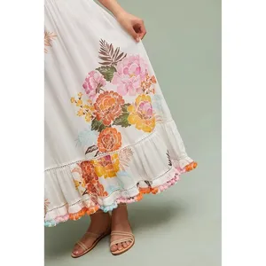 Anthropologie‎ FARM RIO Havana Floral Dress Midi Pom Poms Vacation Large Petite thumbnail 9