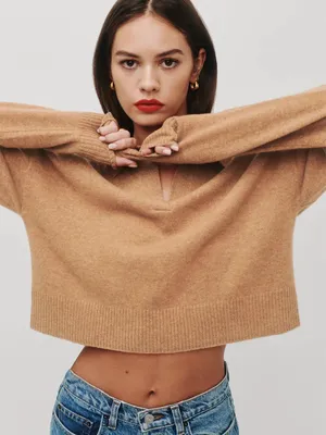 Reformation Cashmere V Neck Polo Sweater in Camel Size Small thumbnail 2