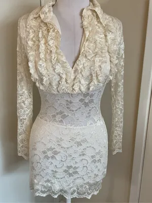 Sentimental NY Cream Lace Ruffle Mini Dress Small S Bridal Shower USA Made thumbnail 2