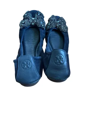 Tory Burch Navy Blue Suede Crystal Bow Eddie Flats thumbnail 4