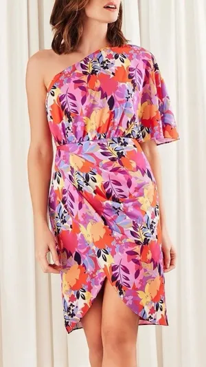 AIDAN‎ MATTOX One Shoulder Cocktail Dress Size 4 Pink Purple Floral Colorful thumbnail 1