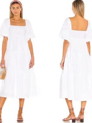 FAITHFULL THE BRAND Kiona Puff Sleeve Smocked Cotton Tiered Midi Dress thumbnail 2