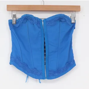 Princess Polly Blue Lace Trim Corset Top Strapless Lace Up Back thumbnail 2