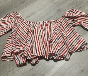 Truth Off-Shoulder Striped Crop Top in Red, Navy & White thumbnail 1