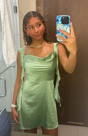 Cider Satin Ruched Ruffle Hem Green Mini Dress thumbnail 1