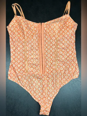 Free People Intimately Fp Size L Floral Mesh Neon Peach Corset Bodysuit thumbnail 2