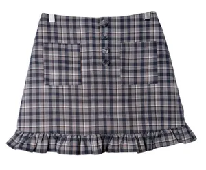 Mooyen Plaid Mini Skirt M Gray Brown School Girl Y2K Academia Ruffle Hem Butt thumbnail 1
